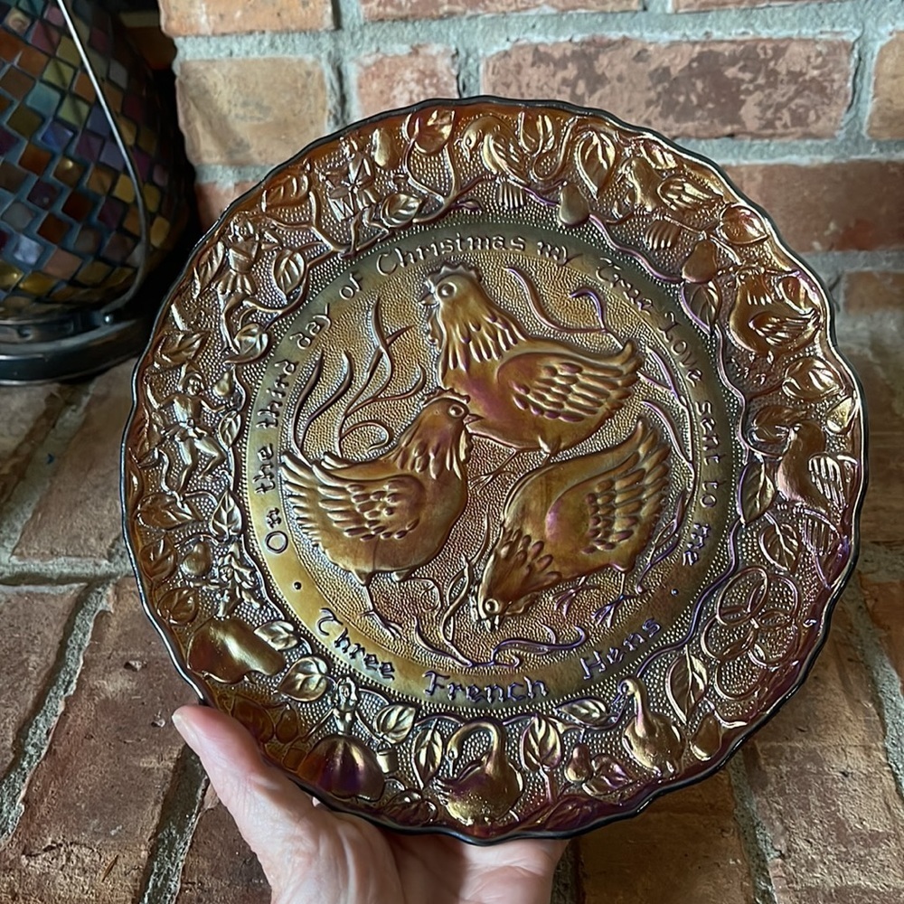 Vtg Imperial Glass 12 Days of Christmas Three French Hens Carnival Glass Plate